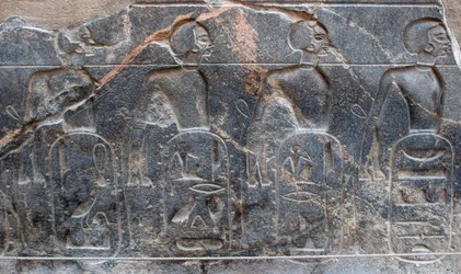 Antichità egizia: dettaglio di un rilievo che decora gli emblemi dei territori conquistati dal faraone Ramses II. Tempio di Luxor. Riva Est (Tebe), Egitto
