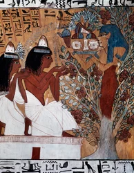 Dea Iside, che appare a Sennedjem e sua moglie nel sicomoro sacro, Tomba di Sennedjem, nota anche come tomba TT1, risalente al regno di Ramesse II, Deir el-Medina, Necropoli tebana, Civiltà egizia, Nuovo Regno, XIX dinastia