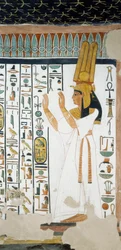 Nefertari davanti alla prima porta del Regno di Osiride, con le braccia alzate in segno di adorazione, affresco, camera funeraria, Tomba di Nefertari (QV66), Valle delle Regine, Tebe. Civiltà egizia, Nuovo Regno, Dinastia XIX.