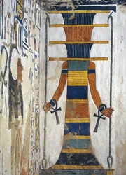 Osiride come pilastro djed, con uno scettro was in ciascuna mano e un ankh a ciascun polso, dettaglio del primo annesso occidentale della Tomba di Nefertari, Egitto, Tebe, Luxor, Valle delle Regine, Tomba di Nefertari, annesso alla camera funeraria