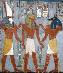 Ramses I tra Horus e Anubi, affresco, camera funeraria, tomba di Ramses I (KV16), Valle dei Re, Tebe (Patrimonio mondiale dell
