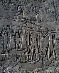 Ramses II davanti alla barca sacra, rilievo, pareti interne della Grande Sala Ipostila, complesso templare di Karnak (Lista del Patrimonio Mondiale dell