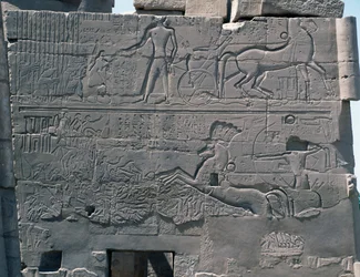 Battaglia di Seti I contro la Palestina, rilievo, parete est esterna della Grande Sala Ipostila, complesso del tempio di Karnak (Patrimonio Mondiale dell