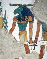 Il messaggero con testa di ariete, terza porta del Regno di Osiride, capitolo 144 del Libro dei Morti, affresco, camera funeraria, Tomba di Nefertari (QV66), Valle delle Regine, Tebe. Civiltà egizia, Nuovo Regno, XIX dinastia