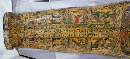 Dettaglio del coperchio della mummia di Nesyamun, probabilmente trovata a Deir El-Bahri, Nuovo Regno, c.1100 a.C. (legno dipinto)