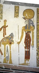 Egitto, Tebe, Luxor, Valle dei Re, tomba del principe Mentuherkhepeshef, pittura murale della dea Bastet dalla testa di gatto, XX dinastia