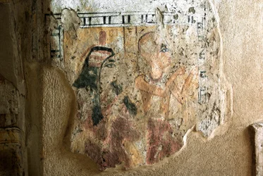 Antichità egizia: rappresentazione di Shuroy e sua moglie in adorazione. Dipinto della tomba di Shuroy (TT13). XX dinastia. 1190-1077 a.C. Necropoli di Dra Abu el-Naga, Riva Ovest di Luxor, Egitto