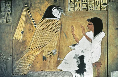 Affresco raffigurante scena dal Libro dei Morti, trasformazione in Falco Dorato