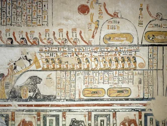 Processione che segue la navigazione celeste del dio Sole Ra, Libro della Terra, (dettaglio) dagli affreschi della camera funeraria della Tomba di Ramesse VI, Valle dei Re, Luxor, Tebe (Patrimonio dell