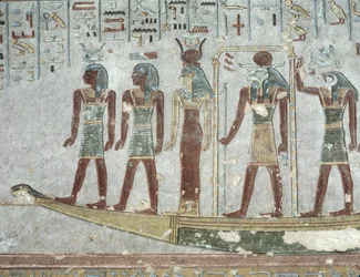 Rilievo raffigurante Khnum in una barca funeraria che attraversa l