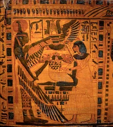 Antichità egiziana: Il defunto accolto dalla divinità Maat (dettaglio)