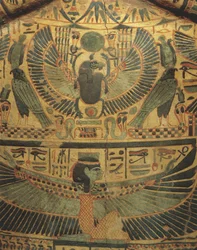 Copertura della mummia con divinità alata che protegge lo scarabeo, simbolo di eternità