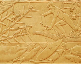 Scena di pesca, dalla Mastaba di Kagemni, Antico Regno (calcare)