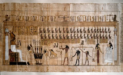 Antichità egizia: la pesatura delle anime (psicostasia). Papiro di un Libro dei Morti. Torino, Museo Egizio
