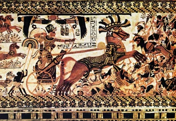 Pittura murale di una tomba egizia che raffigura una scena di battaglia