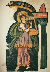Donna che suona una lira, V-VI secolo (lana intrecciata)