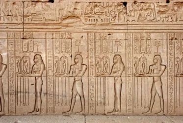 Antichità egizia: offerte e tributi presentati alla dea, Tempio di Hathor, Denderah, Egitto