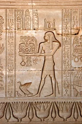 Antichità egizia: rappresentazione di un uomo che porta offerte alla dea, Tempio di Hathor, Denderah, Egitto - Civiltà egizia: un uomo che porta offerte alla dea Hathor, scolpito sulla parete del Tempio di Hathor (o Tempio di Tentyra) a Denderah