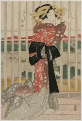 La cortigiana Meizan del Chojiya su un balcone che si affaccia sul fiume Sumida, c. primi o metà 1820s
