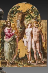 Altare portatile retro: Adamo ed Eva di fronte al Padre Eterno (dettaglio)