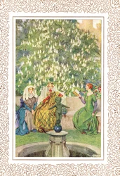 La regina che sedeva tra la sua migliore Enid e la snella Vivien..., illustrazione da 