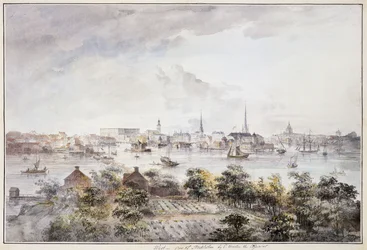 Veduta di Stoccolma da Kungsholmen con il Palazzo Reale e Storkyrkan, Tyskakyrkan, Katarinakyrka e Riddarholmskyrkan