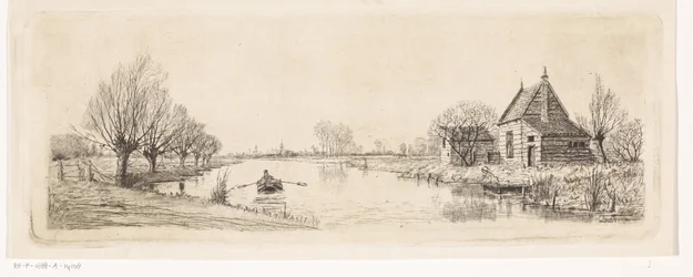 Paesaggio fluviale con una casa di legno