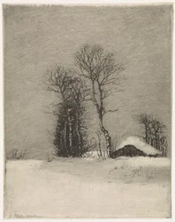 Paesaggio invernale con fattoria e alberi