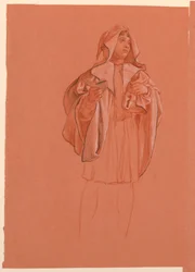Disegno, studio di una figura in costume con cappuccio, 1885 ca.