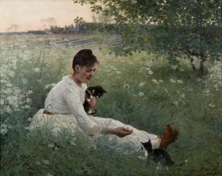 Ragazza con gatti in un paesaggio estivo