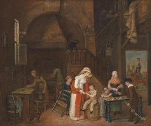 Visita al pasticcere, (sul tavolo) firmato indistintamente, datato M. E. De Latour 1822