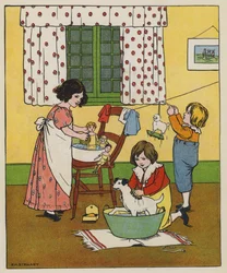 Sabato, tempo di lavaggio (litografia a colori)