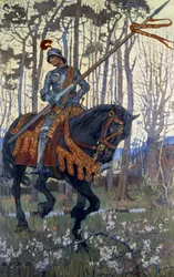 Un cavaliere in armatura attraversa la foresta, illustrazione da "King Arthur