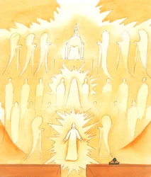 Una buona preparazione alla Messa consiste nella preghiera, con la riflessione sulla Compagnia del Cielo con cui preghiamo, e sul Padre Eterno, fonte di ogni amore, 2005 (acquerello su carta)