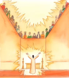 Durante la Messa, mentre Cristo prega il Padre, i santi guardano dal cielo e partecipano alle nostre preghiere, 2005 (acquerello su carta)