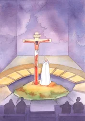 In ogni Messa siamo presenti al Sacrificio offerto una volta sul Calvario, quando Cristo ha sofferto ed è morto per noi, mentre sua Madre gli stava accanto, 2005 (acquerello su carta)