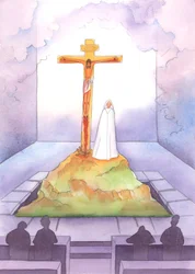 In ogni Messa siamo presenti al Sacrificio offerto una volta sul Calvario, quando Cristo ha sofferto ed è morto per noi, mentre sua Madre gli stava accanto, 2005 (acquerello su carta)