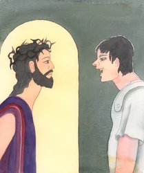 Cristo ha sopportato insulti terribili durante la sua Passione, mentre veniva deriso dai soldati per la sua predicazione, la sua affermazione di essere il Figlio di Dio, la sua provenienza galileiana e anche la sua purezza e innocenza, 2005 (acquerello su 