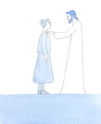 Cristo mi ha sfiorato la spalla, mentre mi assicurava che le nostre piccole mancanze sono come pezzetti di polvere su un vestito elegante, mentre ci avviciniamo a Lui per la Santa Comunione, 2005 (acquerello su carta)