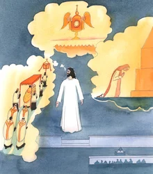 Cristo era in piedi nel santuario; ma disse che stava guardando intorno a tutta la Chiesa cattolica sulla terra, dicendo: "Eccomi, il vostro Divino Salvatore, realmente presente in mezzo a voi", 2005 (acquerello su carta)