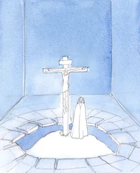 Dal nostro santuario, ad ogni Messa, Gesù Cristo nostro Salvatore offre la preghiera che ha recitato per noi durante la sua Passione, mentre moriva sul Calvario: "Padre, perdona loro", 2005 (acquerello su carta)