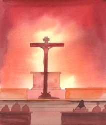 È una tragedia, agli occhi di Cristo, che a molti cattolici venga detto che la Messa è semplicemente un pasto, senza alcun riferimento al Sacrificio che Egli ha offerto sul Calvario e che è reso presente nel nostro santuario, 2005 (acquerello su carta)