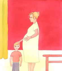 È una cosa meravigliosa quando una donna accoglie il dono di un figlio - e quando gli altri figli vedono la sua gioia, che li rende più sicuri di essere amati, 2005 (acquerello su carta)