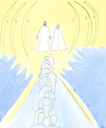 Gesù crocifisso aspetta alla porta del Cielo, con Sua madre Maria e i santi angeli
