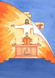 Gesù è presente con noi alla Messa, pregando il Padre per nostro conto, per aiuto nelle nostre necessità e per la salvezza eterna. Possiamo unire tutte le nostre preghiere alla sua grande preghiera sacrificale.