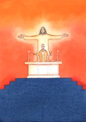 Gesù è presente con noi alla Messa, pregando il Padre per nostro conto, per aiuto nelle nostre necessità e per la salvezza eterna. Possiamo unire tutte le nostre preghiere alla sua grande preghiera sacrificale