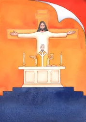 Gesù è presente con noi alla Messa, pregando il Padre per nostro conto, per aiuto nelle nostre necessità e per la salvezza eterna. Possiamo unire tutte le nostre preghiere alla sua grande preghiera sacrificale