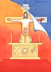Gesù è Presente con noi alla Messa, pregando il Padre per nostro conto, per aiuto nelle nostre necessità e per la salvezza eterna. Possiamo unire tutte le nostre preghiere alla sua grande preghiera sacrificale