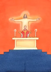 Gesù è presente con noi alla Messa, pregando il Padre per nostro conto, per aiuto nelle nostre necessità e per la salvezza eterna. Possiamo unire tutte le nostre preghiere alla sua grande preghiera sacrificale