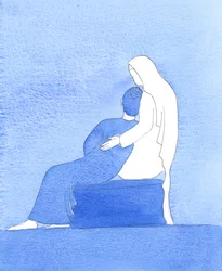 Come io ho riposato tra le braccia della Madonna a casa, in preghiera, così Gesù, da bambino, si è accoccolato tra le sue braccia tanto tempo fa, 2005 (acquerello su carta)